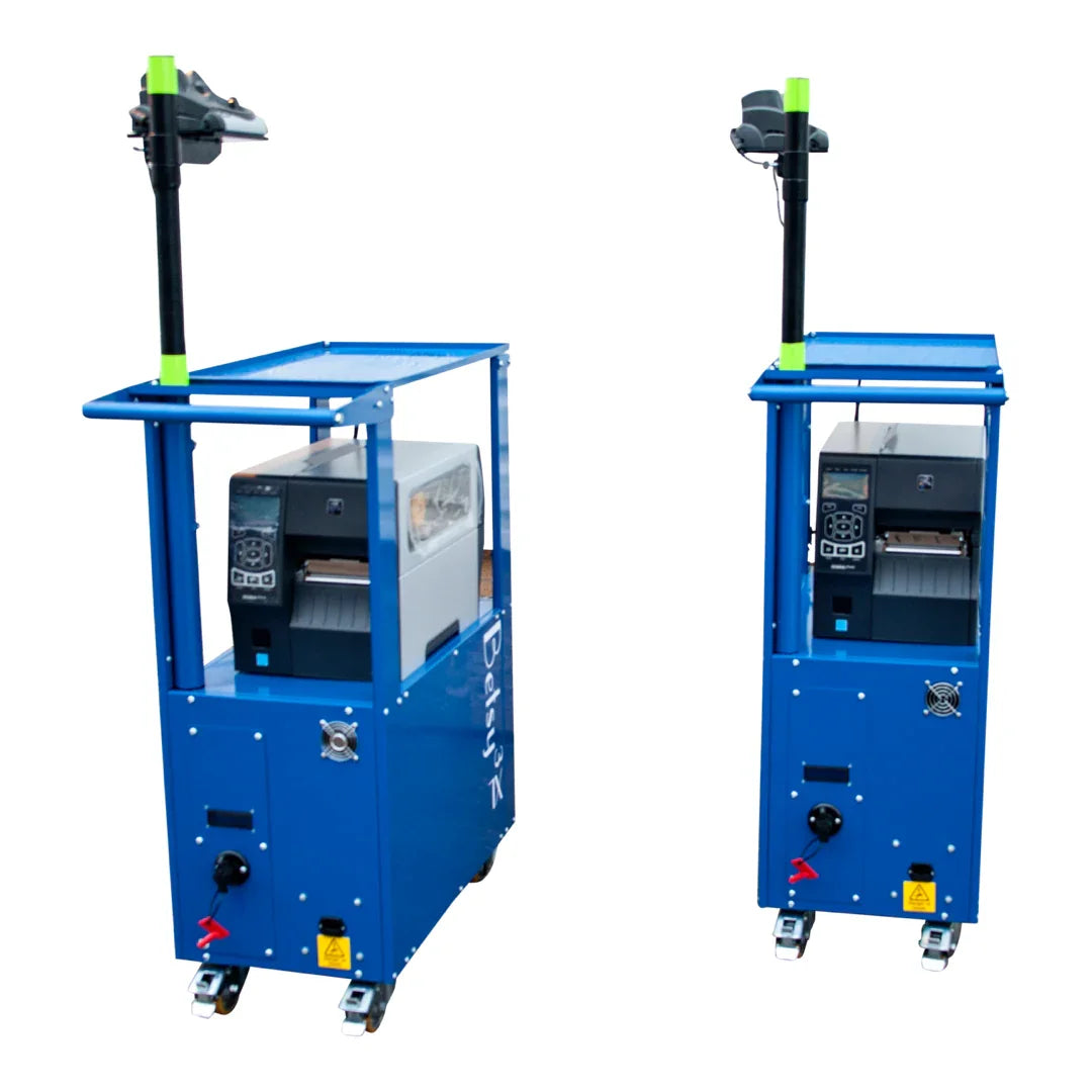 Mobile industrial charging stations with blue frames, barcode label printers, and wheeled bases